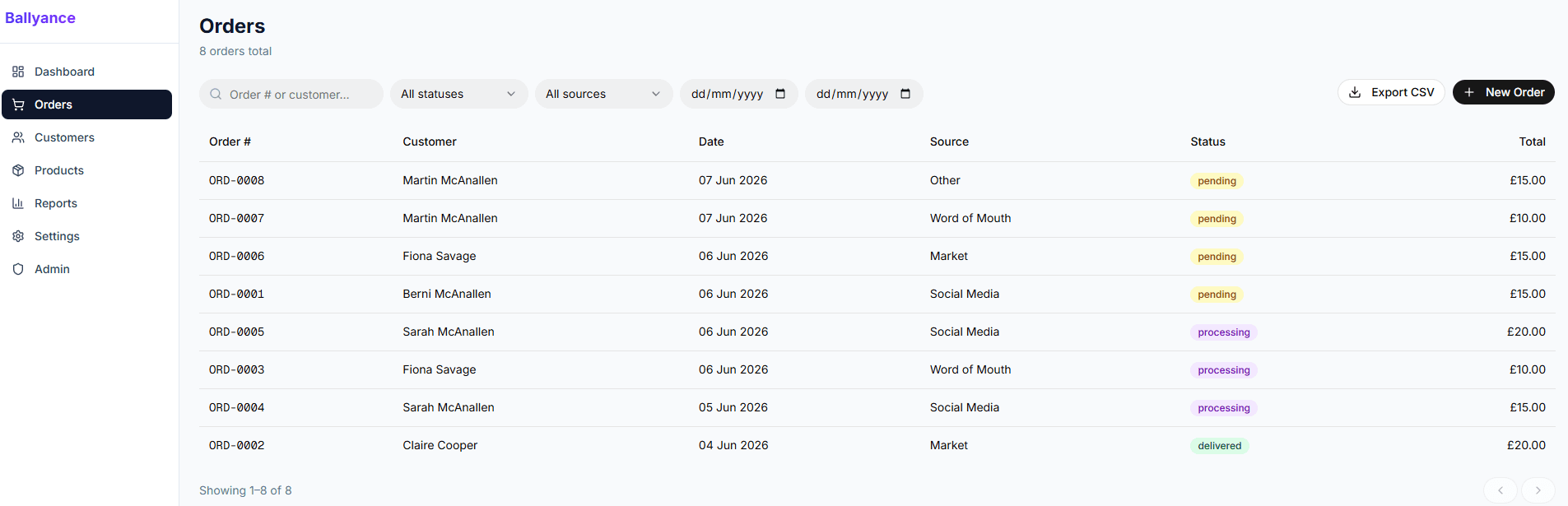 Ballyance orders page showing order list